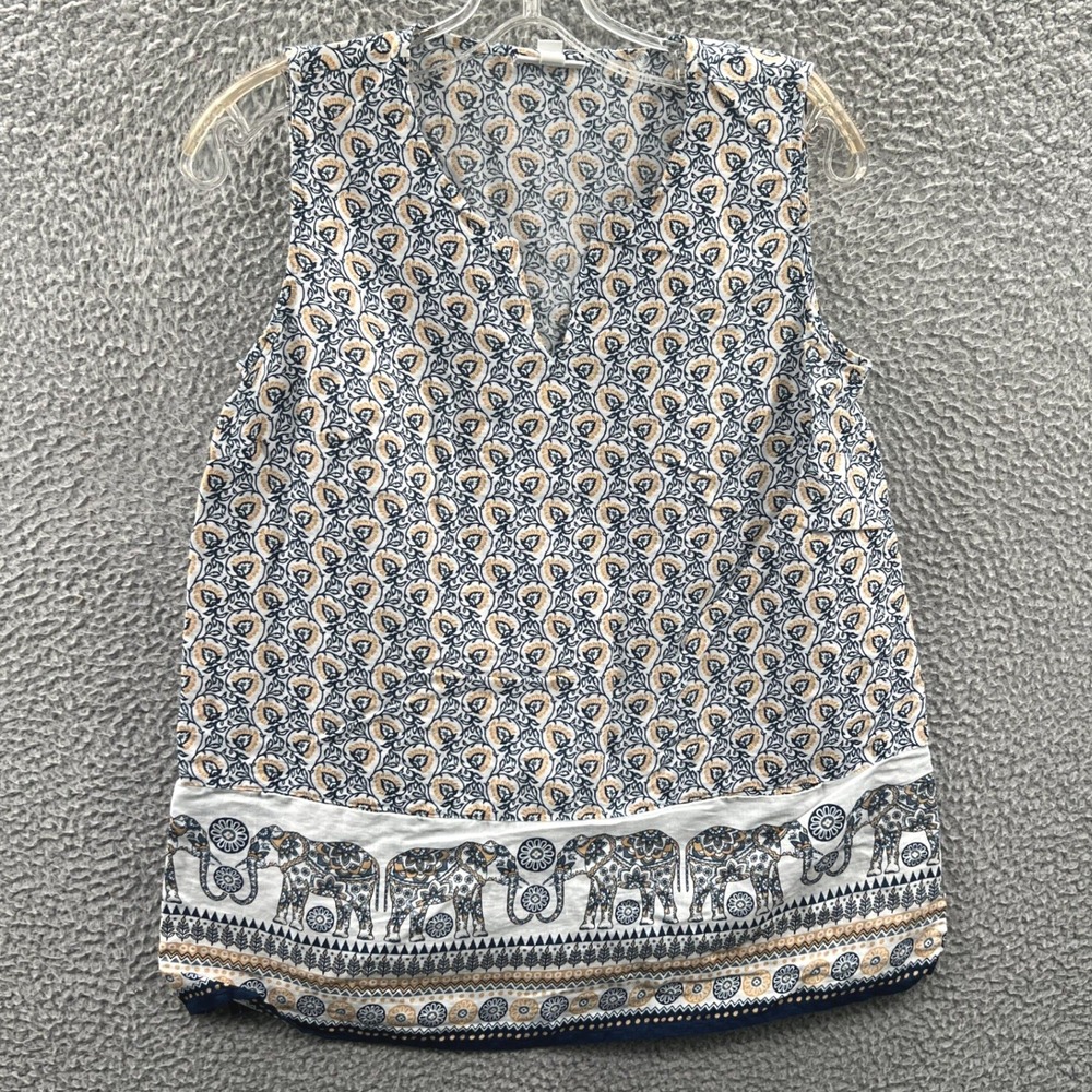 J Jill Love Linen Womens Sleeveless Top S Petite Boho Elephant Border Coastal
